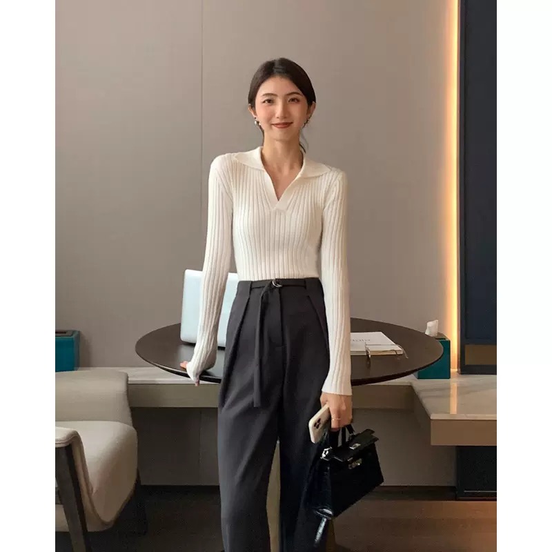 French long-sleeved V-neck knitted bottoming shirt for women in autumn slim fit niche sweater with top for small people