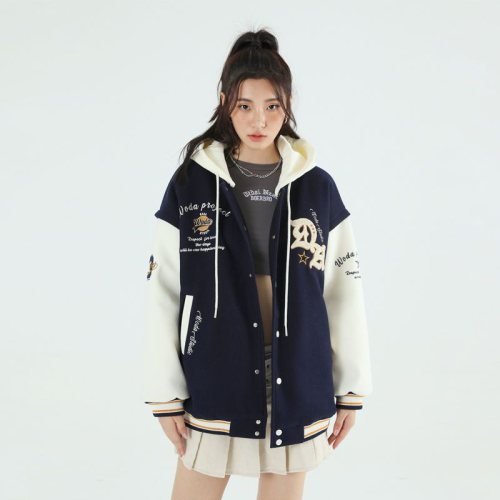 American retro baseball uniform jacket for women new autumn and winter oversize student loose hooded jacket