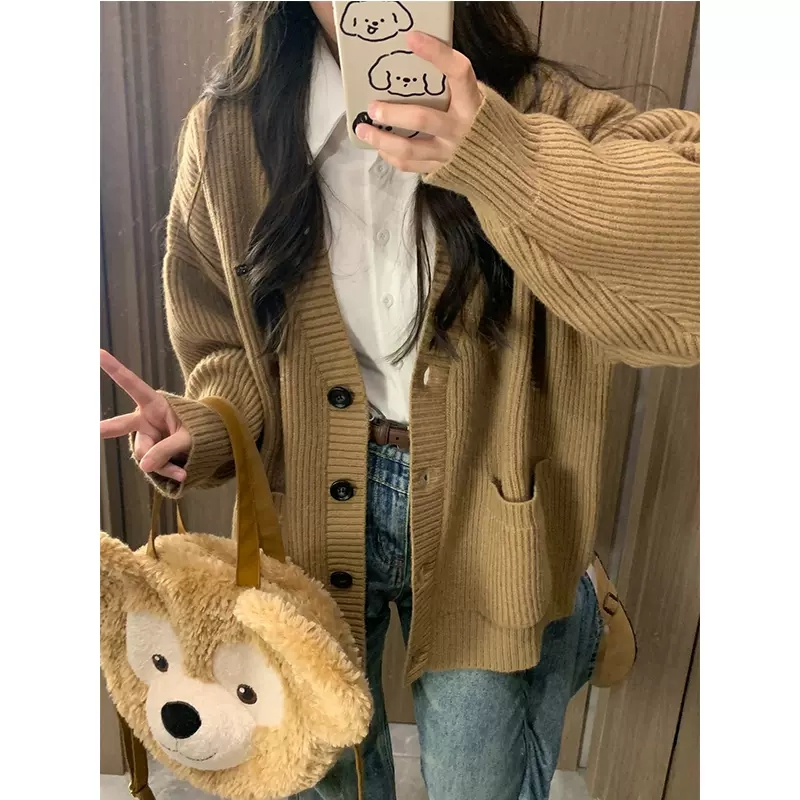 Korean style thick thread knitted sweater jacket for women early autumn 2023 new loose slimming lazy style cardigan top fashion