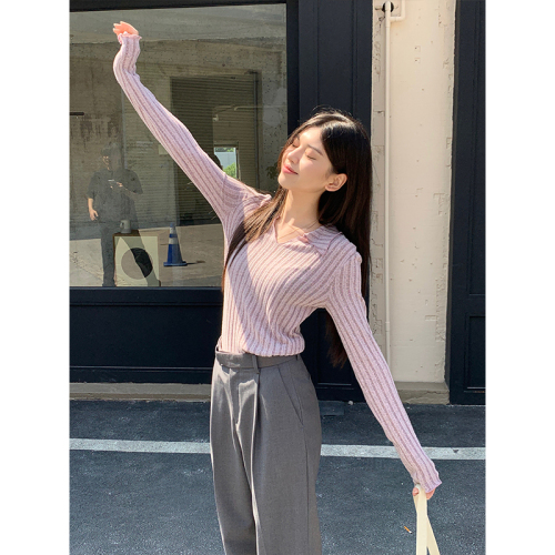 Real shot of thin slim-fit textured high-end v-neck brushed bottoming top for women 2023 autumn and winter new style chic women's clothing