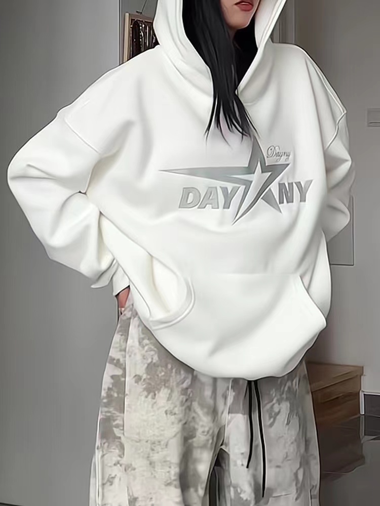 美式復古加絨衛衣女秋冬連帽銀狐絨oversize慵懶風2023新款
