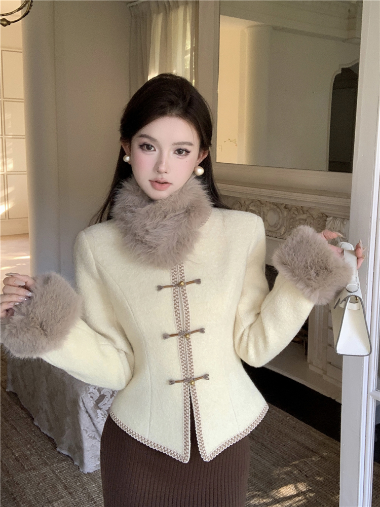 實拍！新中式國風盤扣毛呢外套女秋冬毛毛拼接收腰開衫