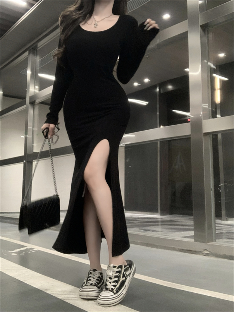 實拍 秋冬新款性感修身開叉包臀長裙