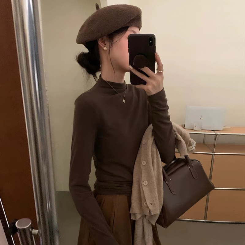 長袖短款修身t恤女裝上衣秋季2023新款秋冬半高領內搭打底衫