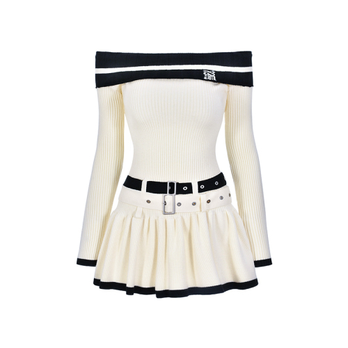 AGAM原创设计甜美纯欲风高级拼色一字肩双腰带连衣裙新款