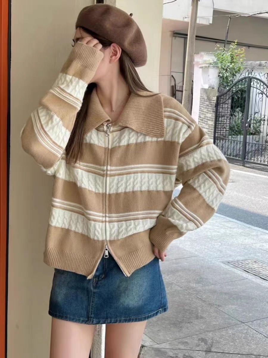 拼接針織毛衣女秋冬高級感內搭打底衫上衣設計感寬鬆拉鏈開衫外套