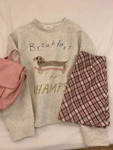 Cotton Blends Slim Fit 310g Puppy Print American Style Hooded Crew Neck Sweatshirt for Women - Autumn/Winter