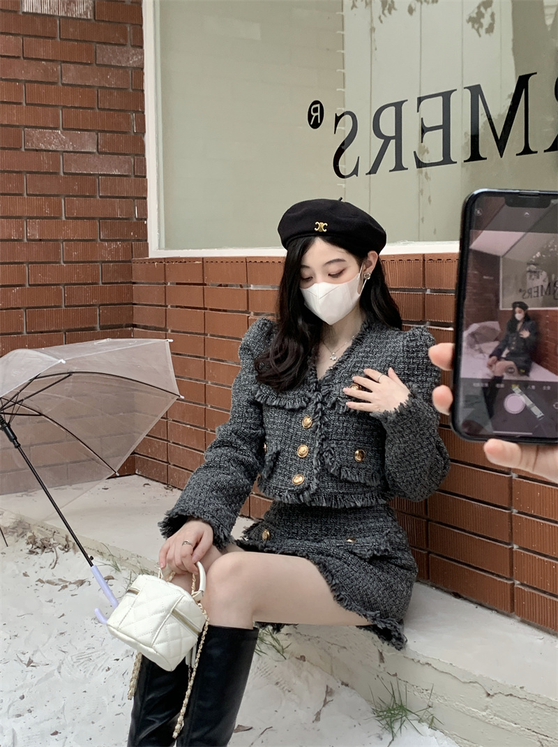 實拍~小香風套裝女粗花呢口袋裝飾西裝外套高腰流蘇a字半身裙