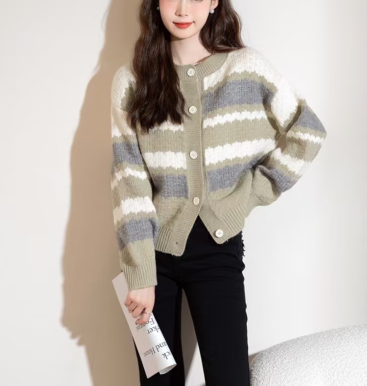 韓版寬鬆軟糯條紋毛衣開衫外套女秋冬甜美慵懶風圓領針織百搭上衣