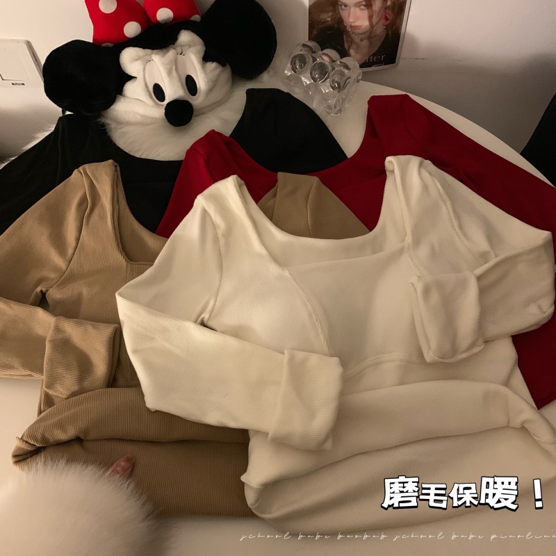 實拍秋冬別致磨毛保暖長袖上衣帶胸墊百搭方領性感辣妹保暖衣