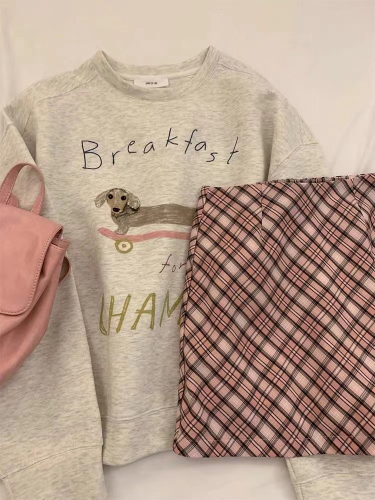 Cotton Blends Slim Fit 310g Puppy Print American Style Hooded Crew Neck Sweatshirt for Women - Autumn/Winter