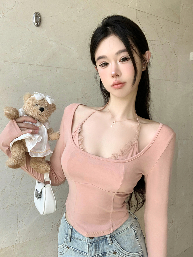 實拍  小眾設計感假兩件長袖T恤女短款修身打底衫辣妹上衣