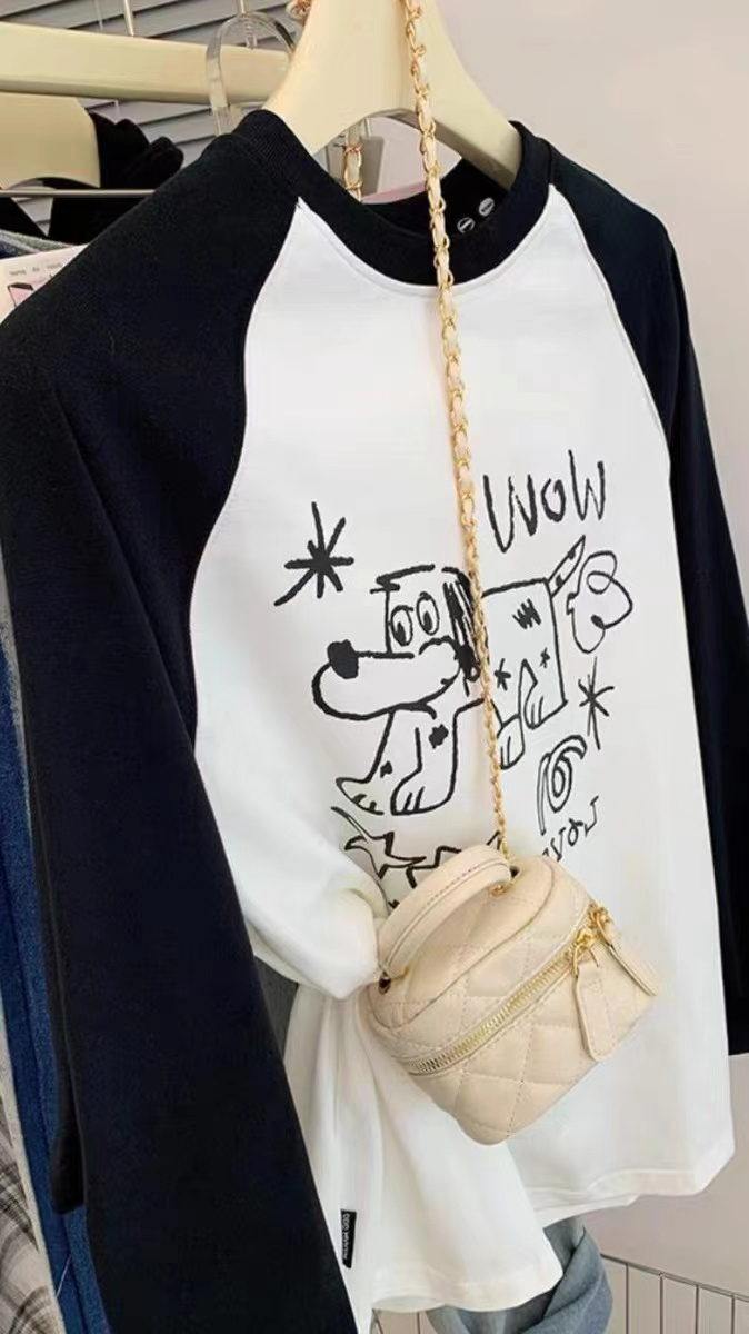 大碼女裝胖MM300斤小狗塗鴉印花插肩袖t恤女打底衫上衣