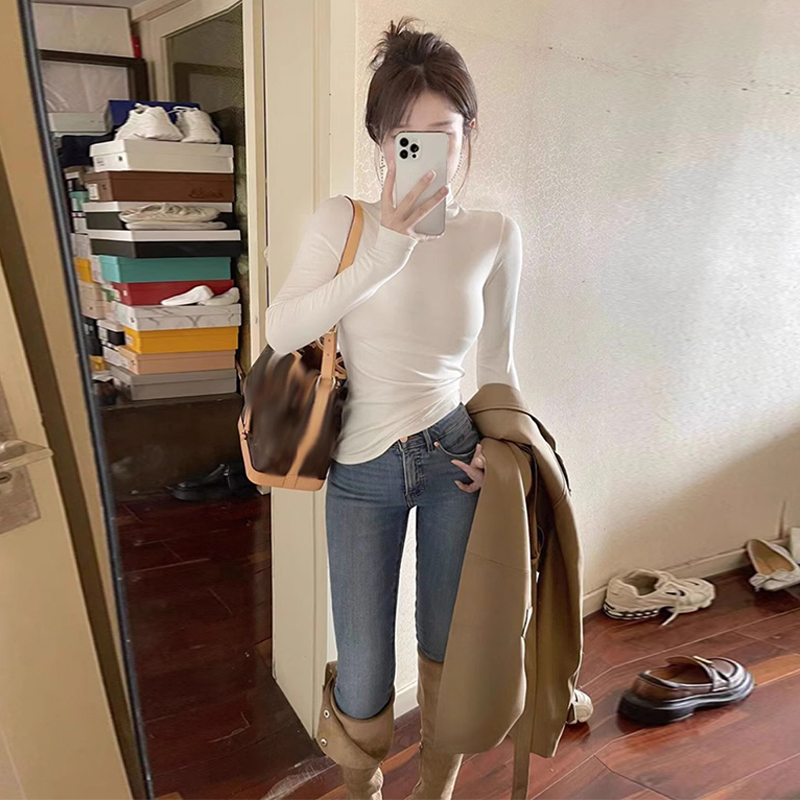 半高領打底衫春秋季2023新款女秋冬長袖中領內搭白色t恤修身上衣