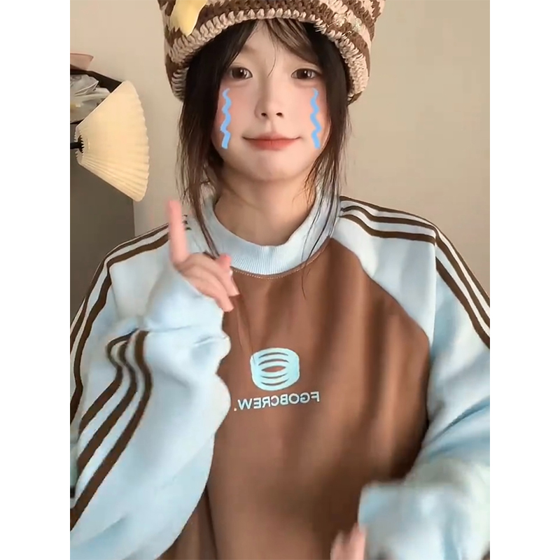 仿棉複合銀狐絨插肩條紋圓領衛衣女秋冬加絨加厚上衣