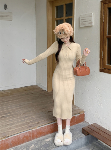 实拍 秋冬新款~韩版Polo领纯色坑条长袖连衣裙气质修身针织裙