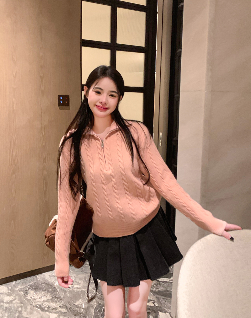 實拍 慵懶風麻花針織衫女半高領拉鏈套頭毛衣短款寬鬆上衣