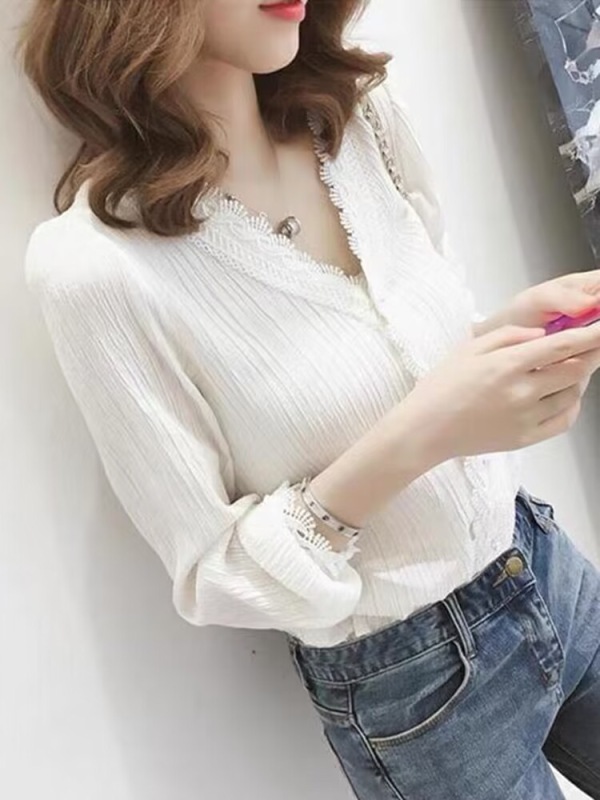 2023秋季新款女裝白色雪紡襯衫法式v領蕾絲小衫打底長袖短款上衣