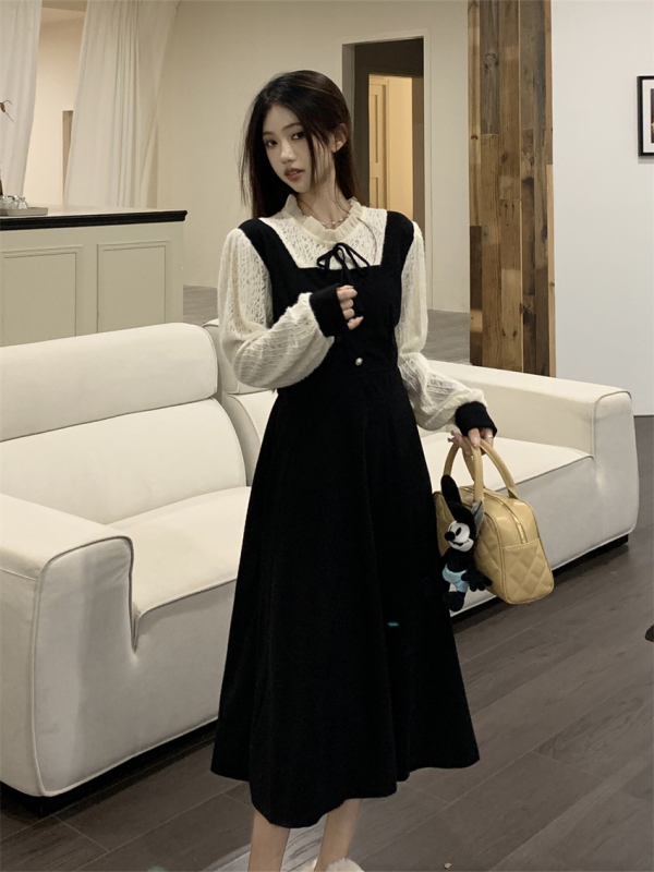 實拍 燈芯絨連衣裙秋冬女裝2023新款少女內搭法式氣質顯瘦假兩件