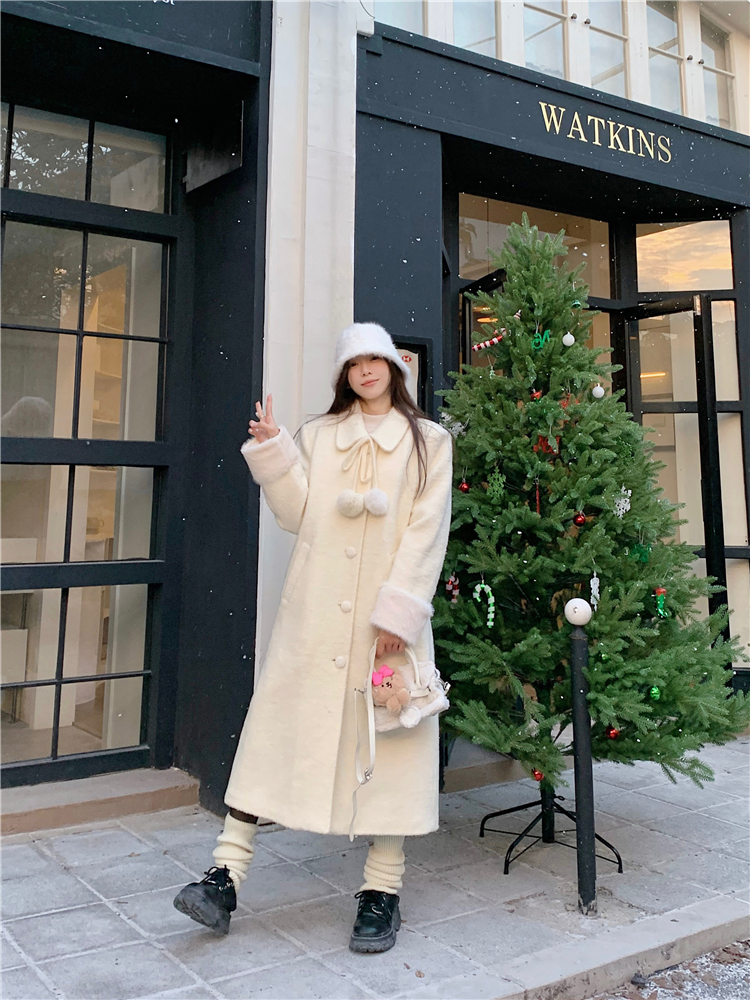 實拍~毛呢大衣女冬2023新款高級感呢子長款夾棉杏色毛呢外套