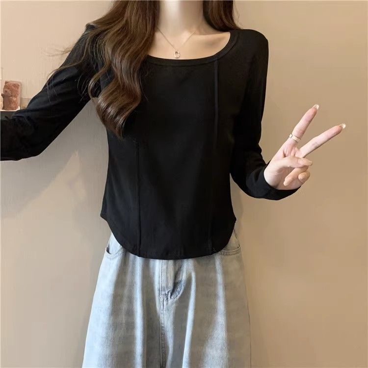 質量秋裝韓版圓領設計感弧形下擺磨毛修身打底衫長袖T恤女
