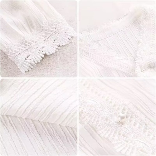 秋季新款女装白色雪纺衬衫法式v领蕾丝小衫打底长袖短款上衣
