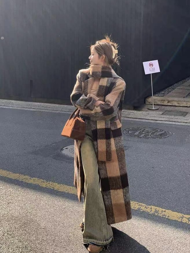 實拍 秋冬法式氣質高級感美拉德格紋毛呢長款夾棉大衣外套女