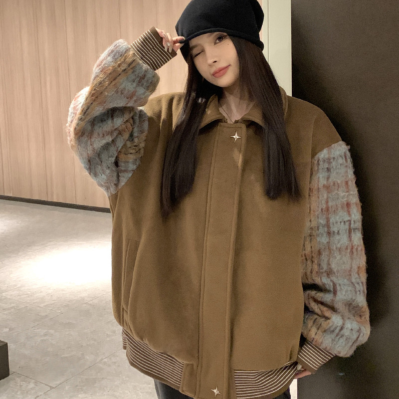 Real shot #maillard retro woolen cotton jacket for women 2023 winter new style color matching thickened brown baseball jacket and cotton jacket trend