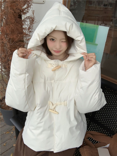 Actual shot of new winter horn-button cotton-padded jacket for students, small hooded loose cotton-padded jacket for women