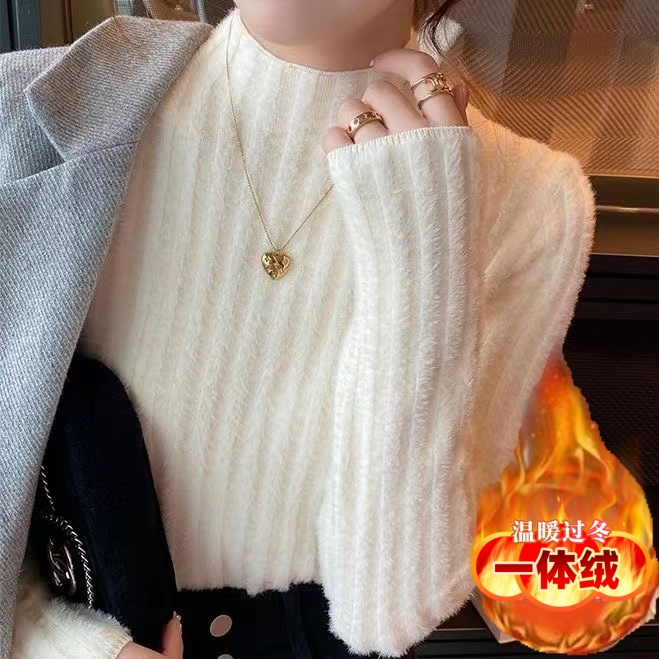 軟糯一體套頭長袖百搭純色毛衣女針織衫半高領打底衫內搭保暖上衣