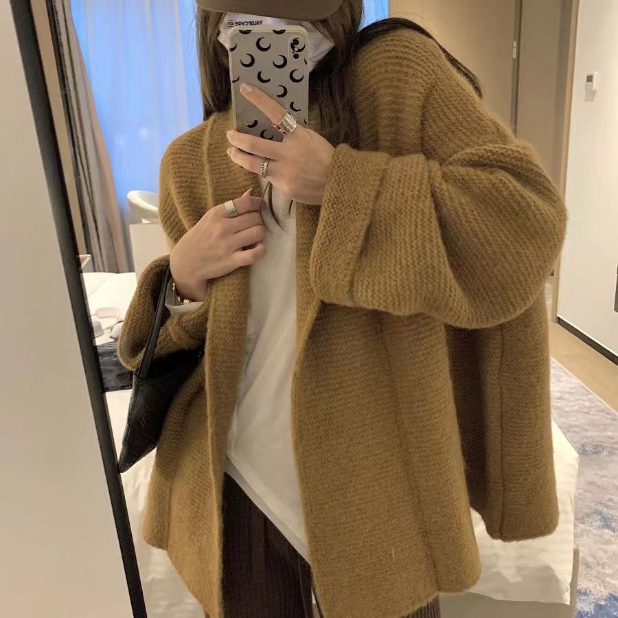 慵懶風寬鬆韓版洋氣時髦翻領中長款加厚保暖針織開衫毛衣外套女潮