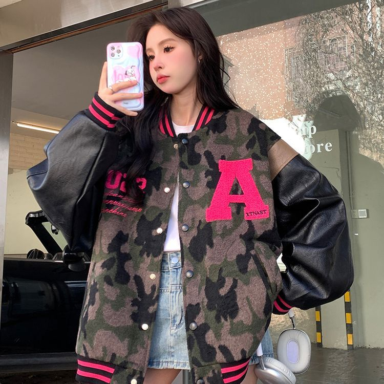American retro baseball uniform jacket girl ins trend 2023 new student camouflage loose casual Harajuku jacket