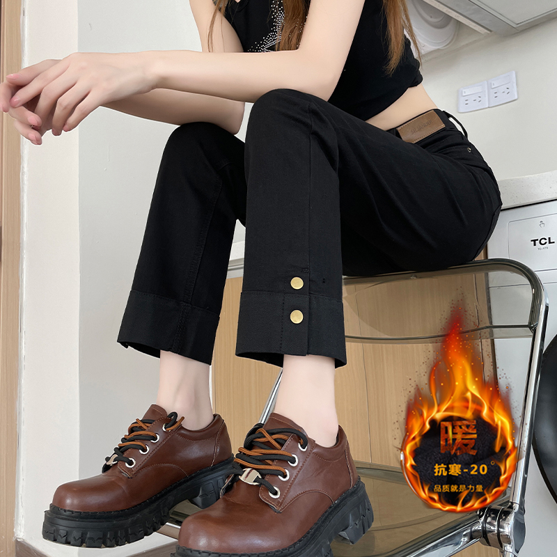 加絨直筒牛仔褲女秋冬2023新款彈力高腰顯瘦設計感卷邊煙管褲
