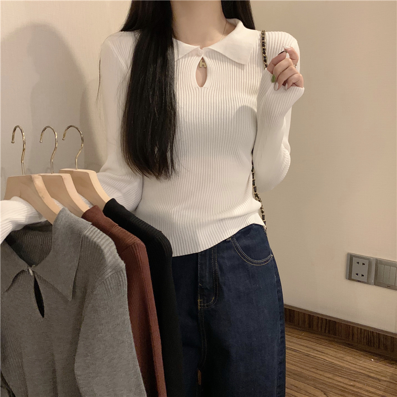Real shot of retro square collar solid color versatile slim long-sleeved bottoming shirt knitted T-shirt top for women