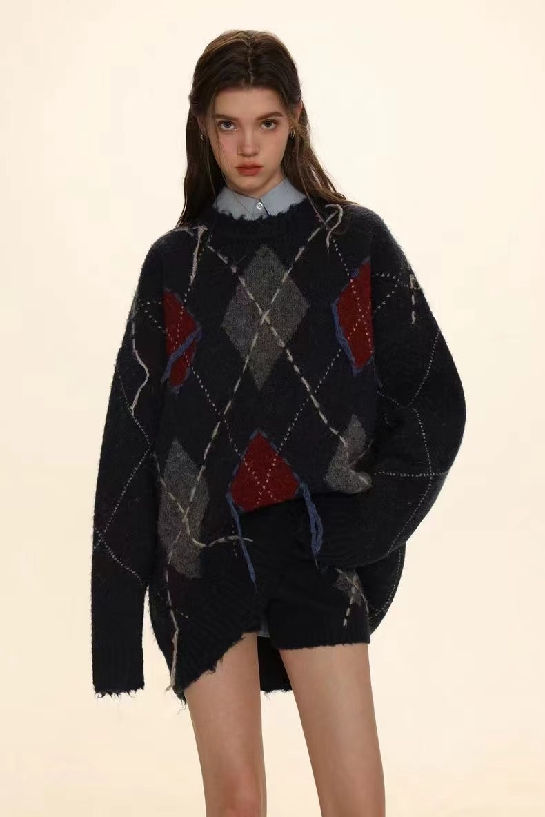 Moromoro 毛邊手繡線流蘇寬鬆菱格紋慵懶毛衣系列Lingge sweater