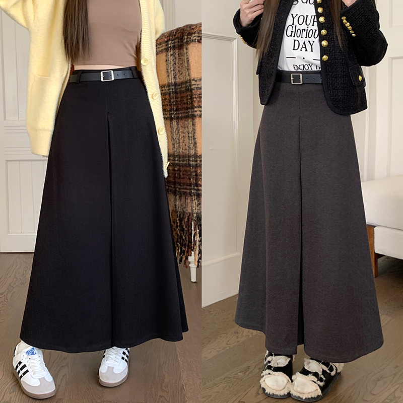 Actual shot of 2023 winter new high-waisted A-line skirt for women with versatile pleated retro woolen large swing belt