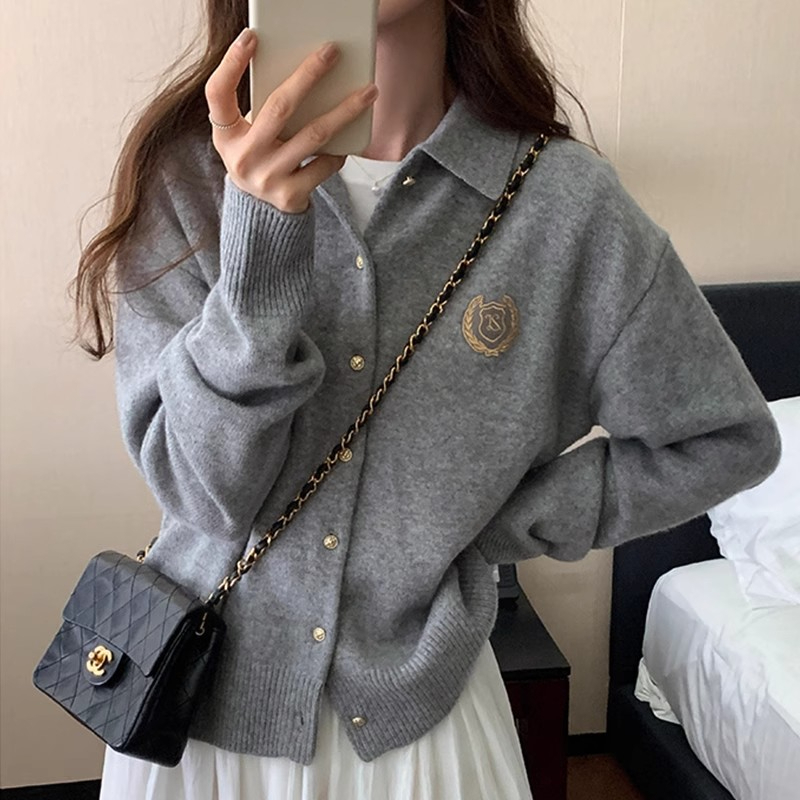 灰色學院風POLO領襯衫毛衣外套女秋外穿內搭高級感針織開衫小個子