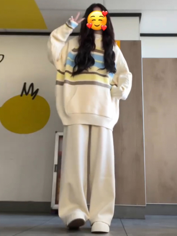 美式撞色oversize連帽條紋衛衣女秋冬季2023年新款小個子針織上衣