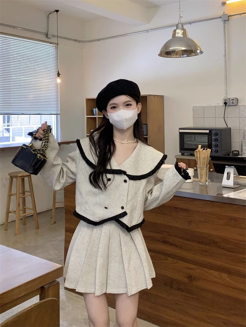 秋冬2023新款小香風氣質百搭顯瘦短款長袖外套女+高腰百褶裙套裝