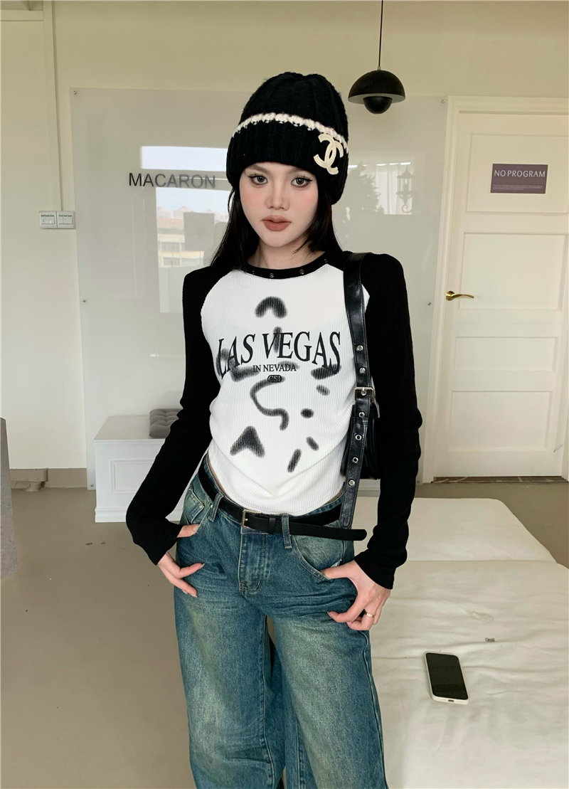 實拍 設計感美式插肩印花長袖T恤