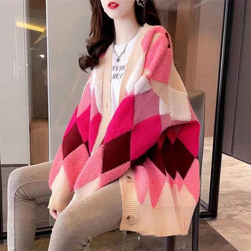 Contrast color rhombus sweater jacket for women autumn and winter 2023 new Korean style loose casual lazy style knitted cardigan
