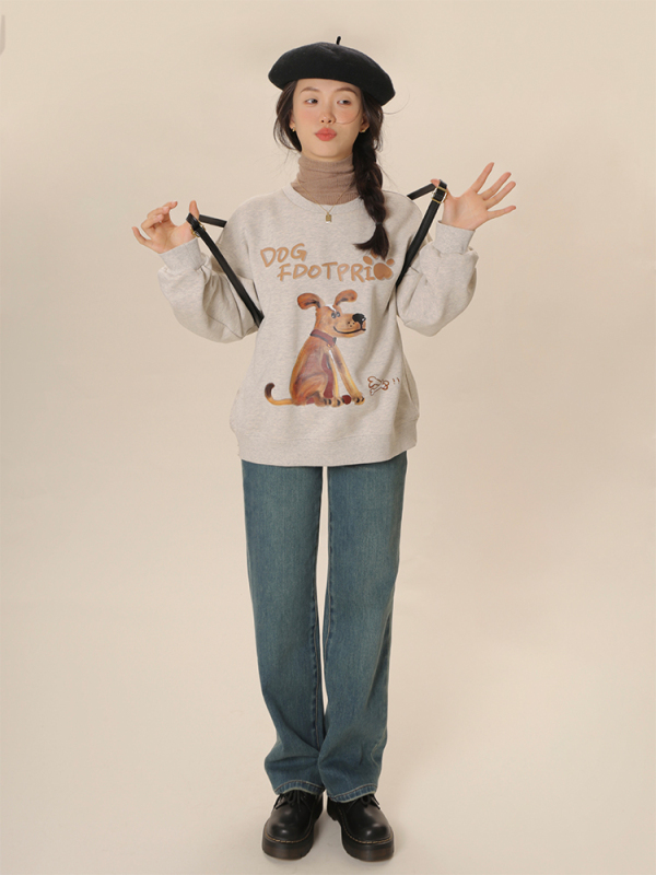 小個子棕色寬鬆休閒卡通印花圓領套頭衛衣女上衣秋冬季