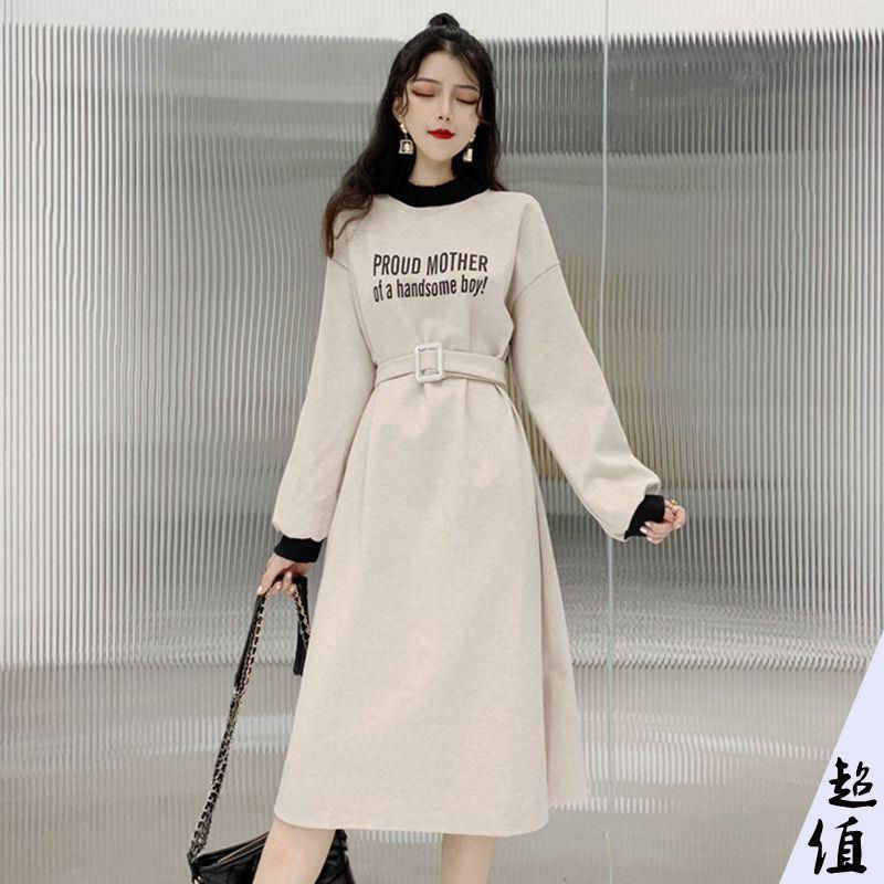 連衣裙2023秋冬新款韓版復古百搭開叉收腰過膝中長款女衛衣裙