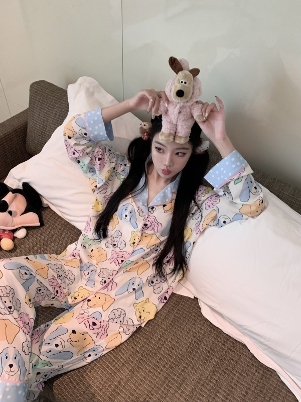 實拍 彩色小狗可愛卡通休閒睡衣套裝兩件套寬鬆家居服