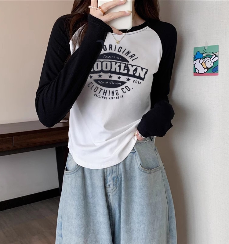 打底衫女秋冬2023年新款印花內搭短款撞色插肩上衣長袖針織衫