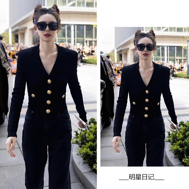 戚薇明星同款黑色V領針織衫毛衣女秋季金屬扣修身顯瘦開衫上衣潮