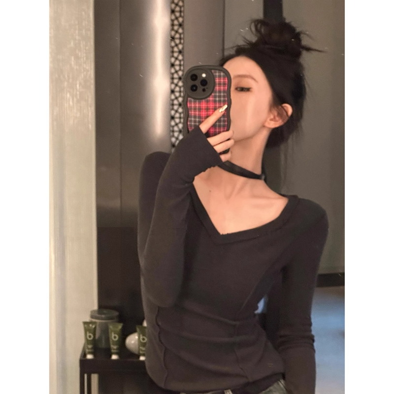 高彈羅紋德絨 性感辣妹v領拼接長袖T恤女小眾設計上衣