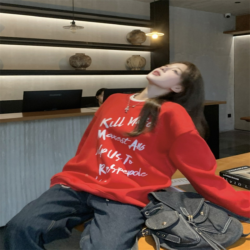 加絨加厚聖誕紅色衛衣女秋冬新款美式字母印花寬鬆中長款套頭上衣