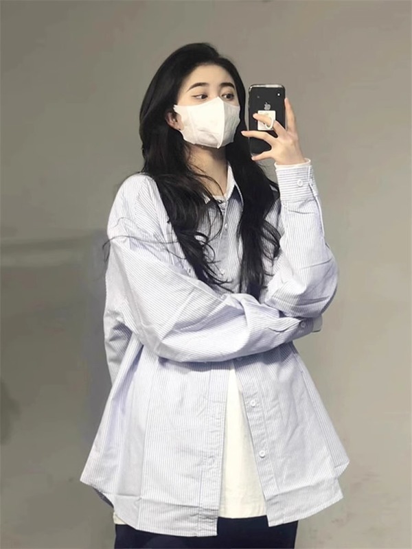 藍色條紋長袖襯衫外套上衣女新款設計感小眾高級內搭襯衣
