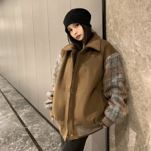 Real shot #maillard retro woolen cotton jacket for women  winter new style color matching thickened brown baseball jacket and cotton jacket trend